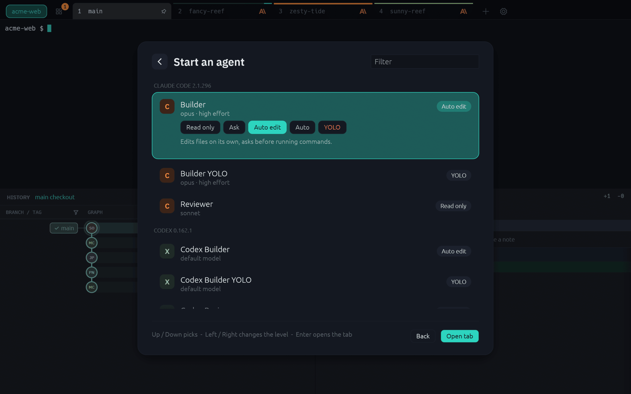 The new tab dialog with agent profiles grouped by CLI and the five permission levels of the picked profile