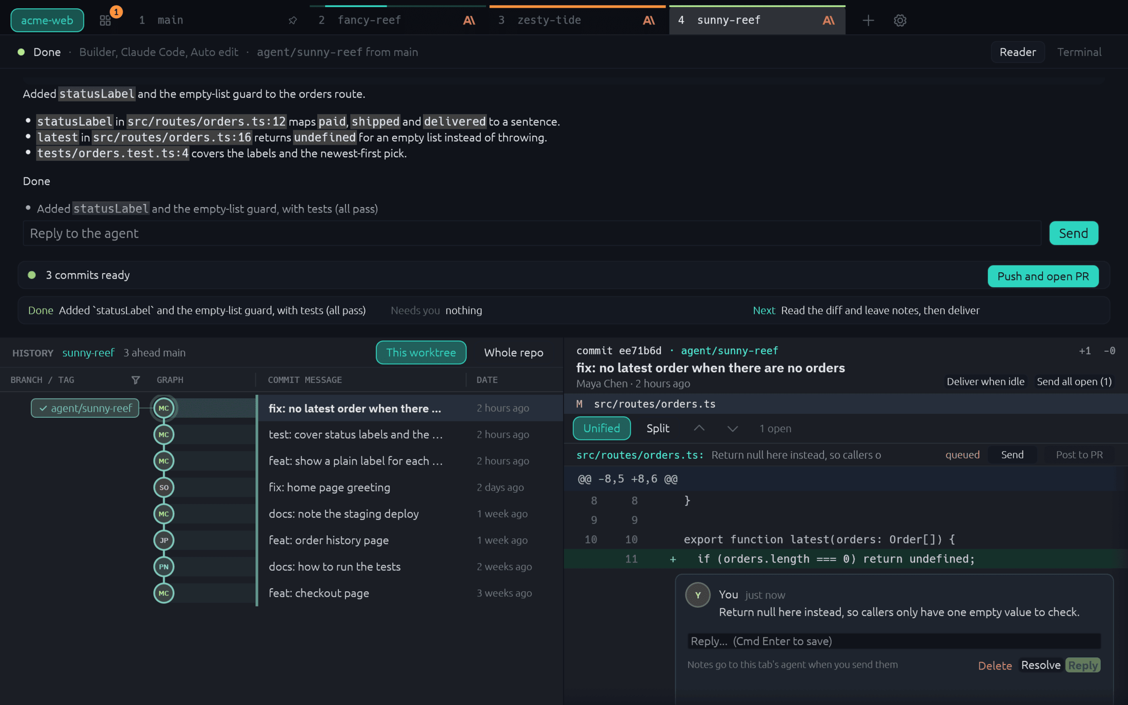 Tidewatch showing an agent's finished answer on top, with the worktree's history and the selected commit's diff below, and a note on a diff line