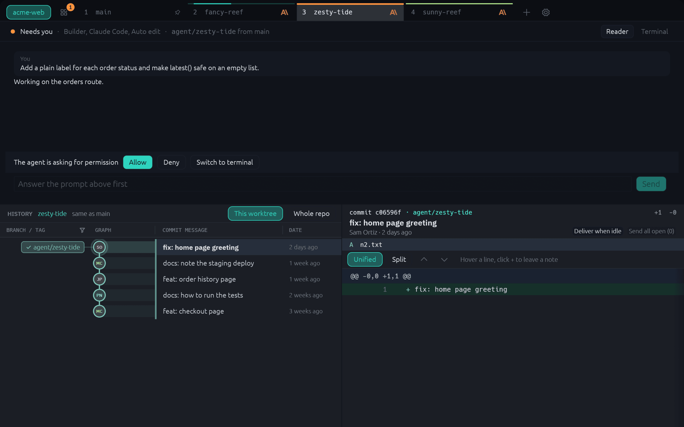 An agent tab asking for permission to run the tests, with Allow and Deny buttons under the Reader