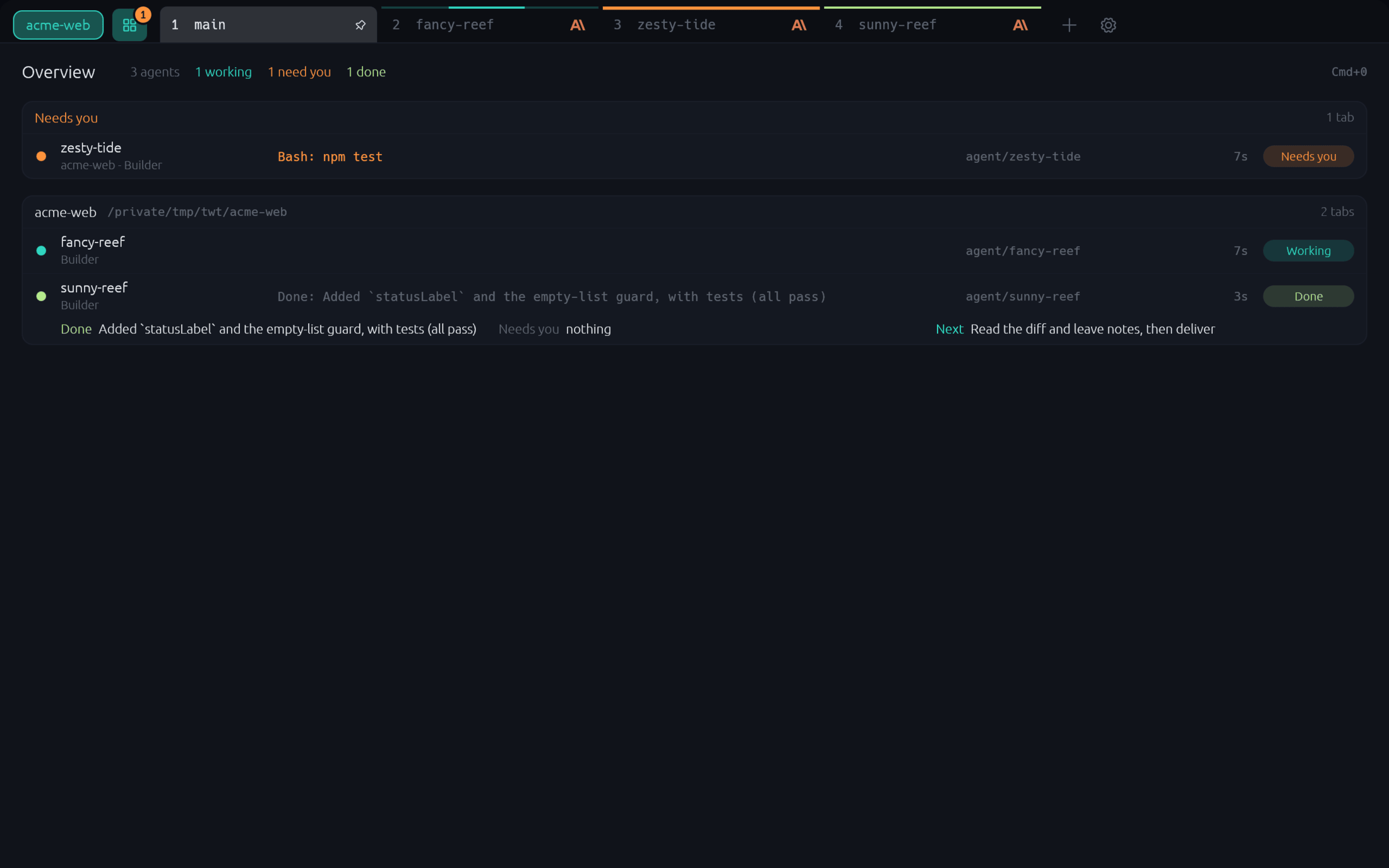 Tidewatch's Overview listing one agent that needs permission, one that is working and one that is done