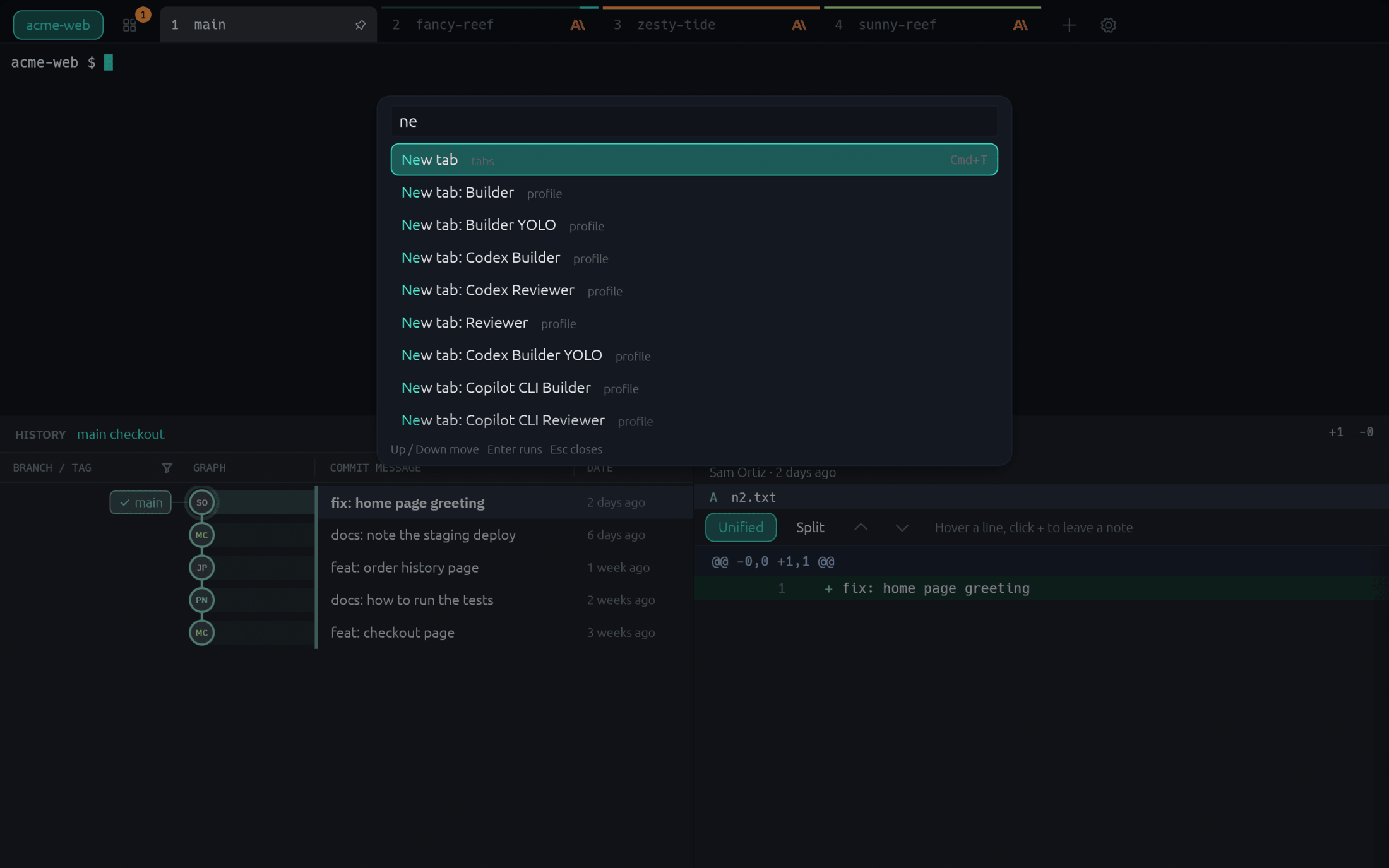 The command palette open over an agent tab, listing commands and the other tabs with their shortcuts