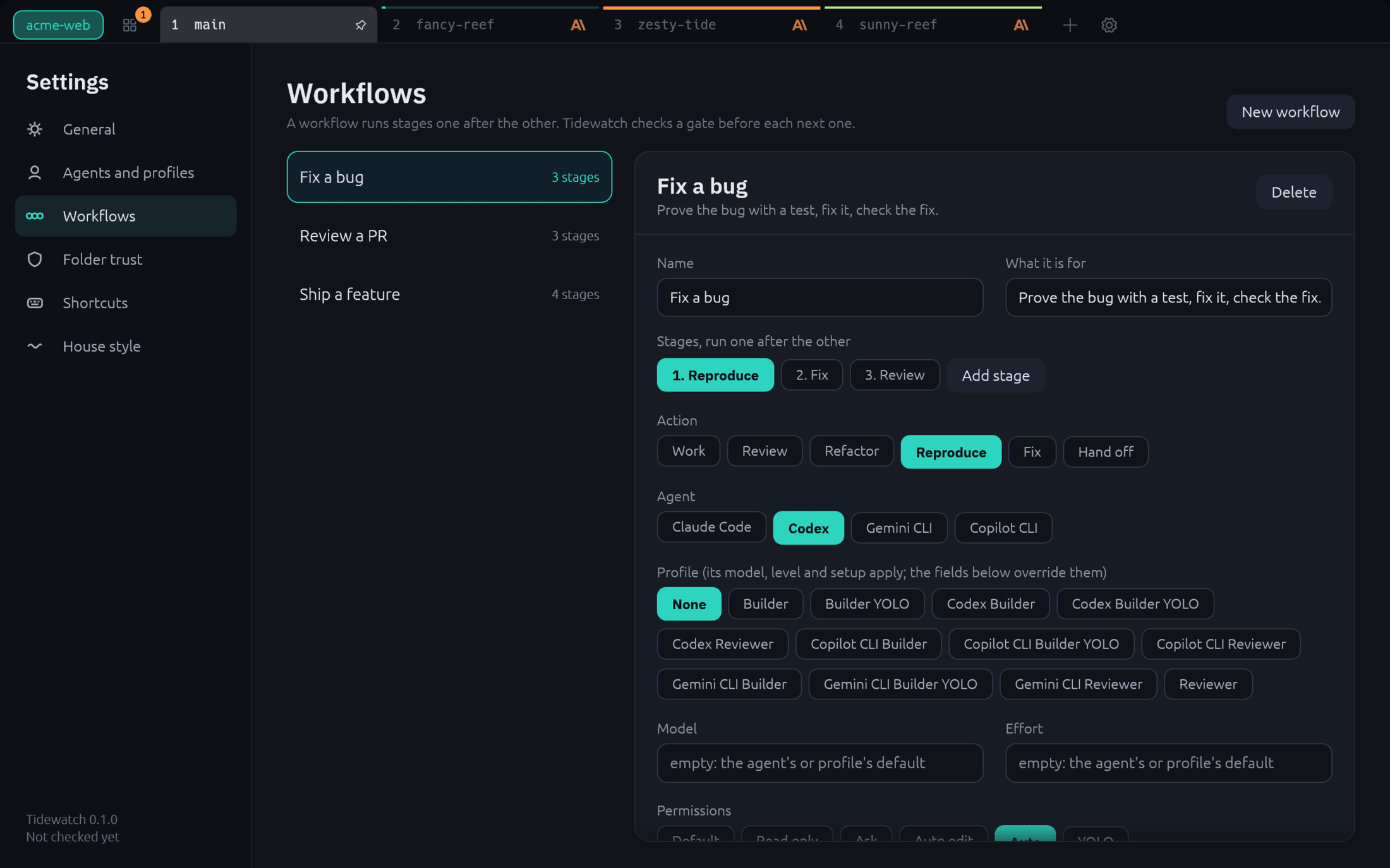 The workflow editor showing the Fix a bug workflow with its stages, agent, permissions and gate